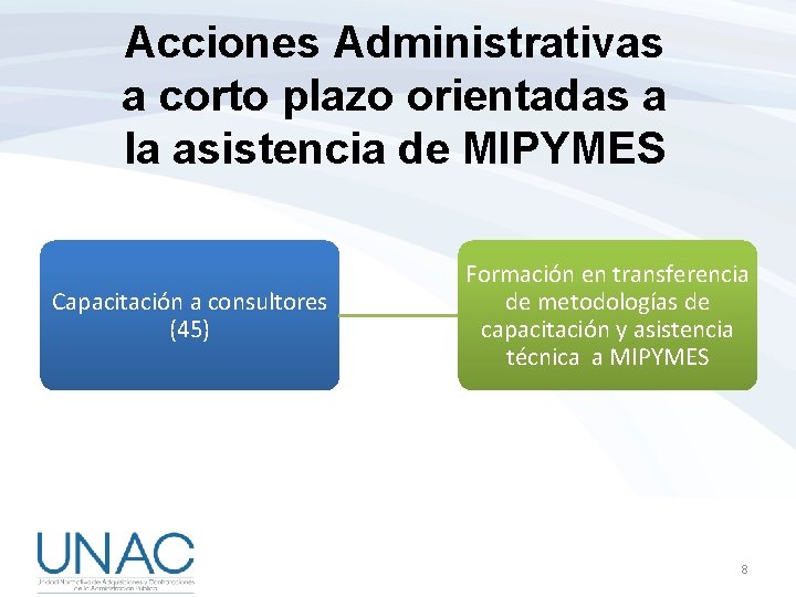 Acciones Administrativas a corto plazo orientadas a la asistencia de MIPYMES Capacitación a consultores