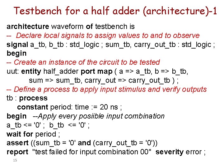 Testbench for a half adder (architecture)-1 architecture waveform of testbench is -- Declare local