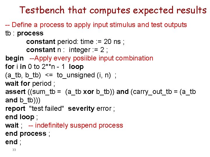 Testbench that computes expected results -- Define a process to apply input stimulus and