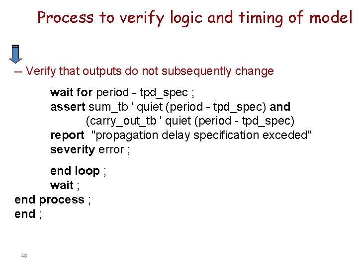 Process to verify logic and timing of model -- Verify that outputs do not
