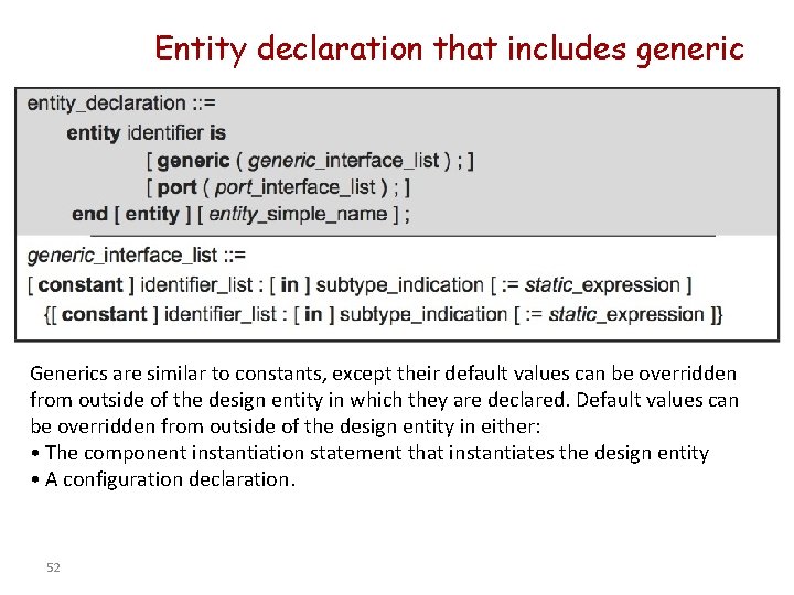 Entity declaration that includes generic Generics are similar to constants, except their default values