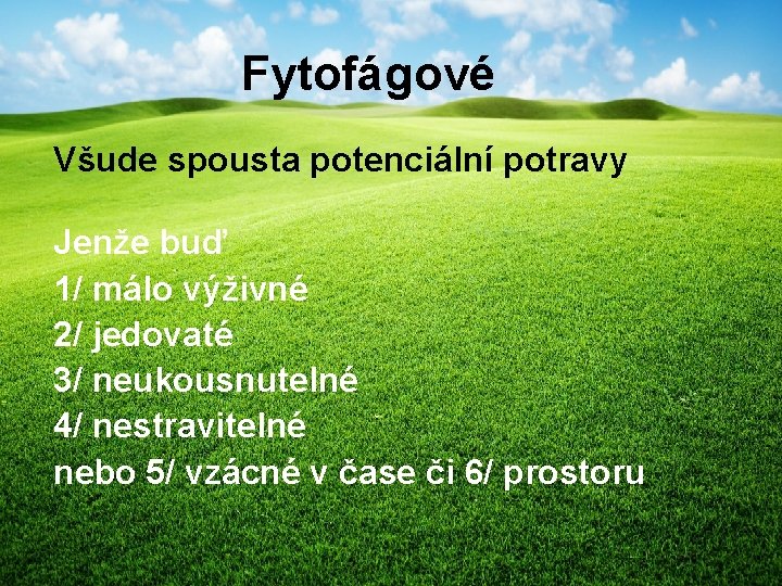 Fytofágové Všude spousta potenciální potravy Jenže buď 1/ málo výživné 2/ jedovaté 3/ neukousnutelné