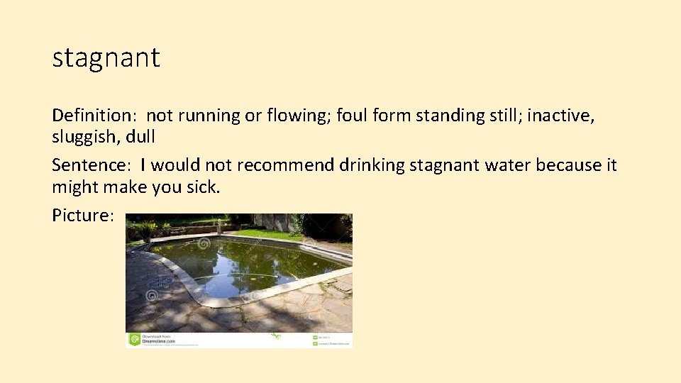 stagnant Definition: not running or flowing; foul form standing still; inactive, sluggish, dull Sentence: