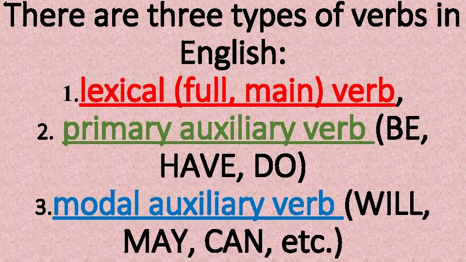There are three types of verbs in English: 1. lexical (full, main) verb, 2.