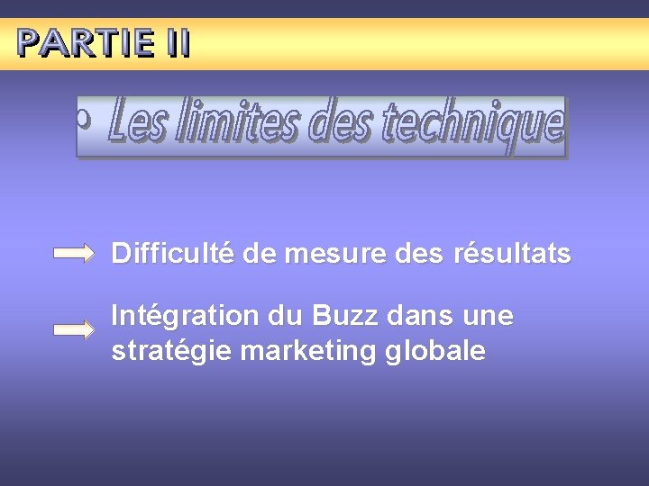 Difficulté de mesure des résultats Intégration du Buzz dans une stratégie marketing globale 