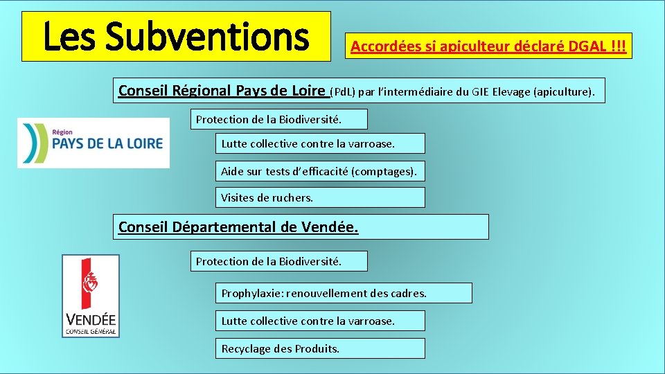 Les Subventions Accordées si apiculteur déclaré DGAL !!! Conseil Régional Pays de Loire (Pd.
