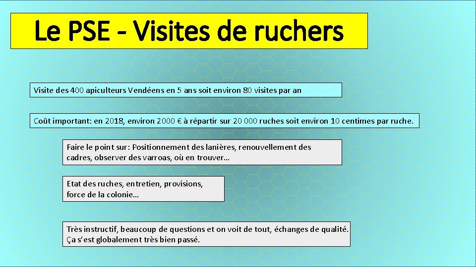 Le PSE - Visites de ruchers Visite des 400 apiculteurs Vendéens en 5 ans