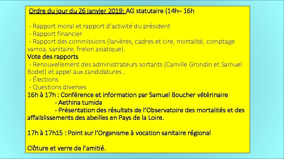 Ordre du jour du 26 janvier 2019: AG statutaire (14 h– 16 h -