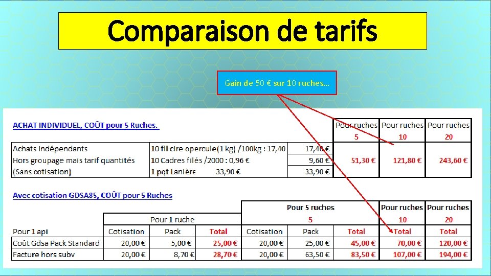 Comparaison de tarifs Gain de 50 € sur 10 ruches… 