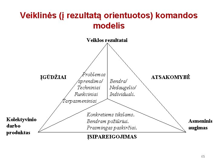 Veiklinės (į rezultatą orientuotos) komandos modelis Veiklos rezultatai Problemos sprendimo/ Bendra/ Nedaugelio/ Techniniai Individuali.