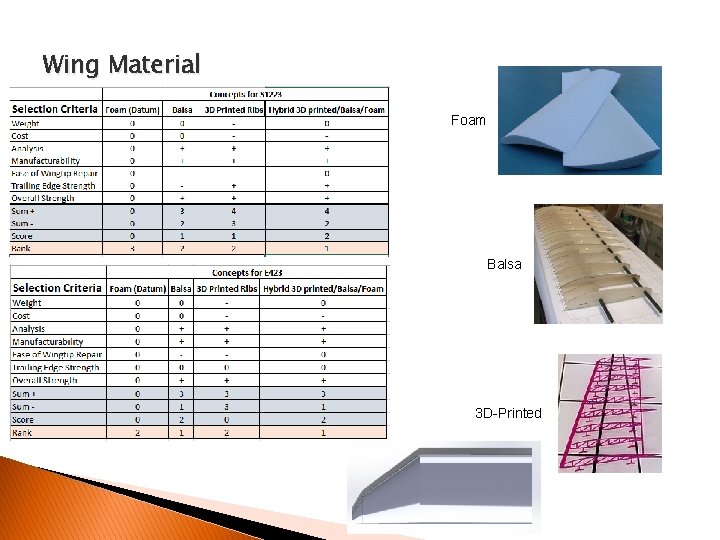 Wing Material Foam Balsa 3 D-Printed 