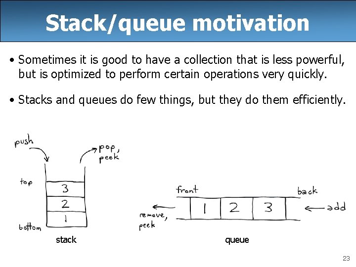 Stack/queue motivation • Sometimes it is good to have a collection that is less
