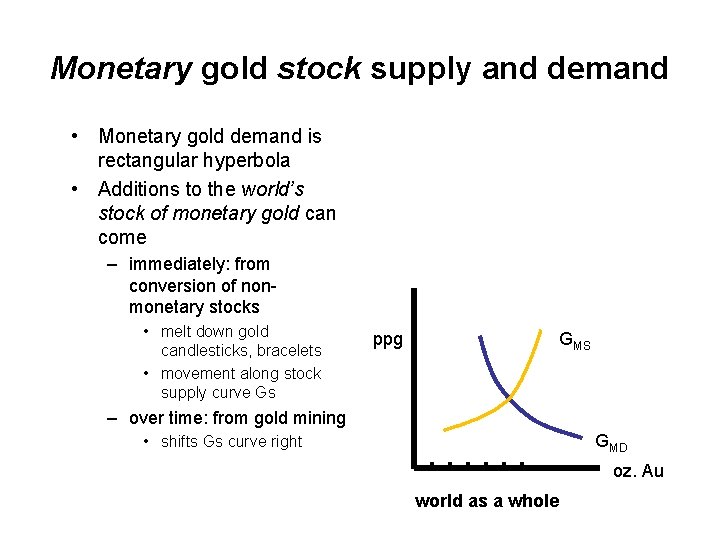 Monetary gold stock supply and demand • Monetary gold demand is rectangular hyperbola •