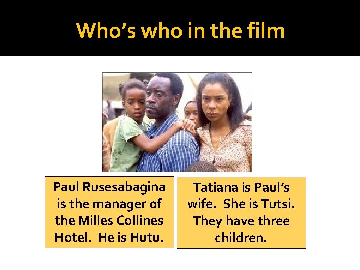 Who’s who in the film Paul Rusesabagina is the manager of the Milles Collines