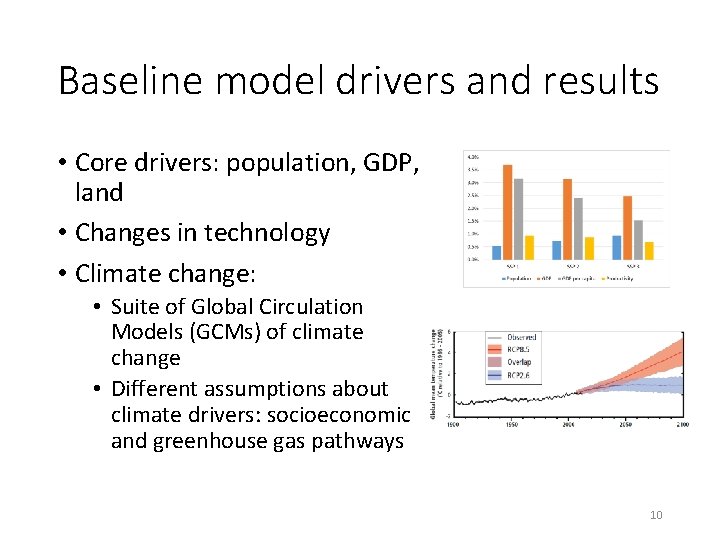 Baseline model drivers and results • Core drivers: population, GDP, land • Changes in