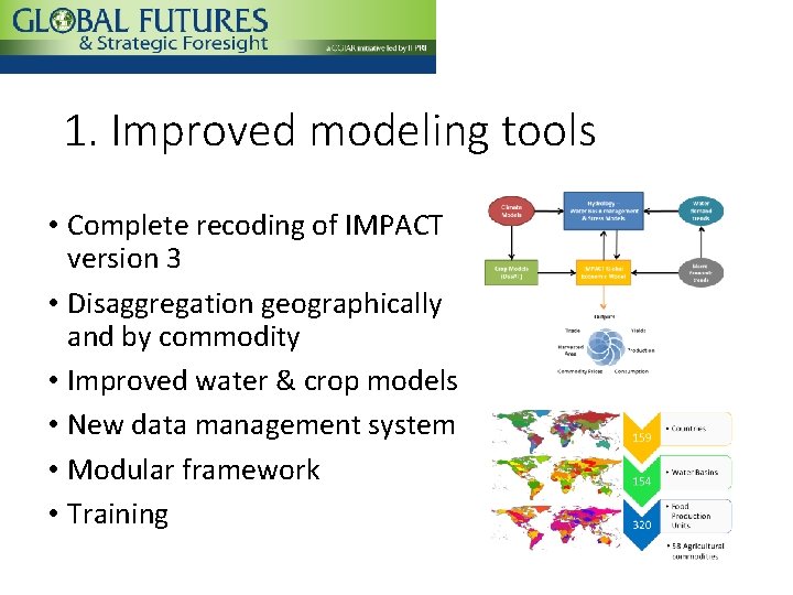 1. Improved modeling tools • Complete recoding of IMPACT version 3 • Disaggregation geographically