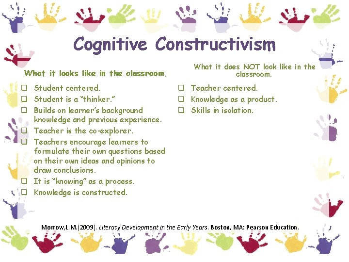 Cognitive Constructivism What it looks like in the classroom. q Student centered. q Student