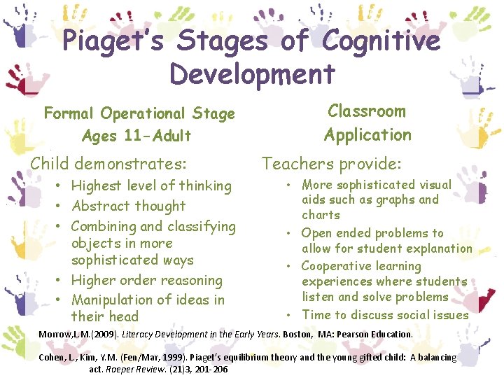 Piaget’s Stages of Cognitive Development Formal Operational Stage Ages 11 -Adult Child demonstrates: •
