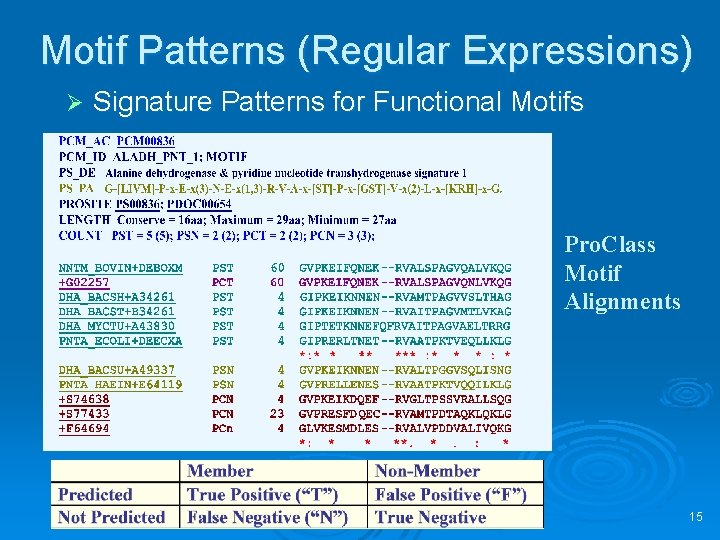 Motif Patterns (Regular Expressions) Ø Signature Patterns for Functional Motifs Pro. Class Motif Alignments