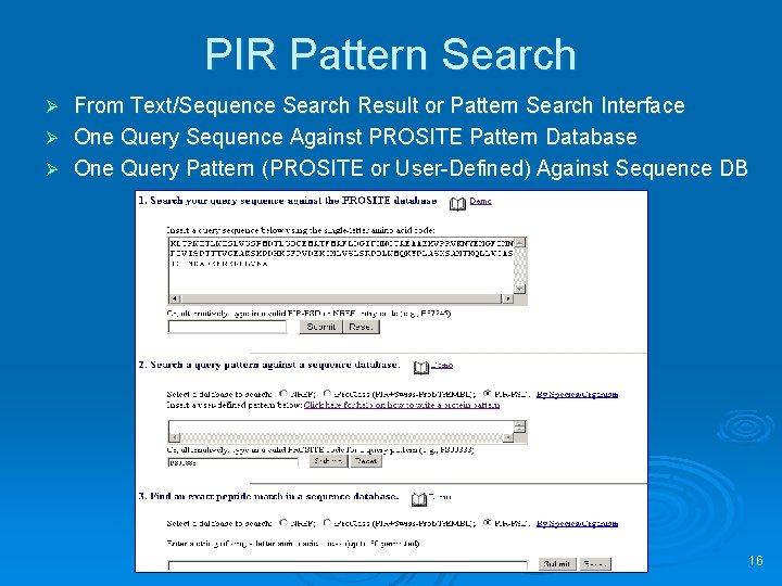 PIR Pattern Search From Text/Sequence Search Result or Pattern Search Interface Ø One Query