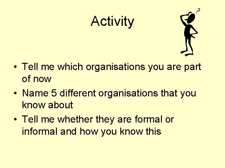 Activity • Tell me which organisations you are part of now • Name 5