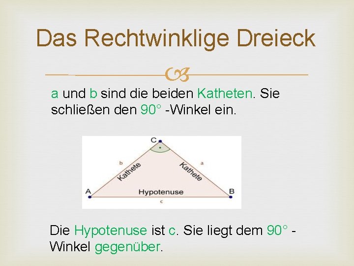 Das Rechtwinklige Dreieck a und b sind die beiden Katheten. Sie schließen den 90°