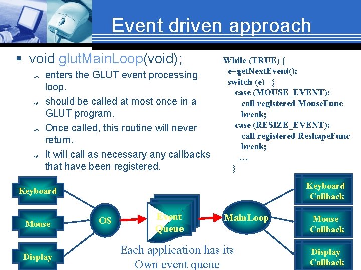 Event driven approach § void glut. Main. Loop(void); enters the GLUT event processing loop.