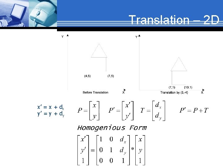 Translation – 2 D x’ = x + dx y’ = y + dy