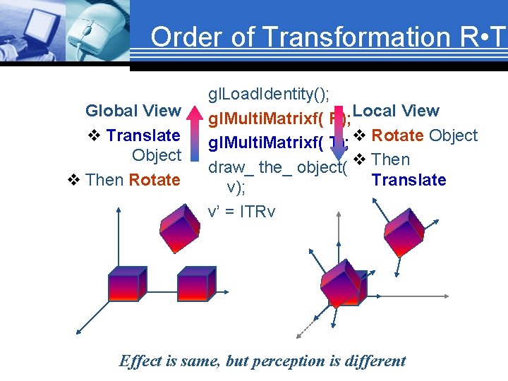 Order of Transformation R • T Global View v Translate Object v Then Rotate