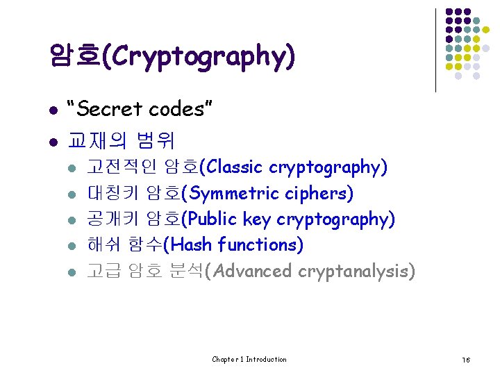 암호(Cryptography) l “Secret codes” l 교재의 범위 l l l 고전적인 암호(Classic cryptography) 대칭키