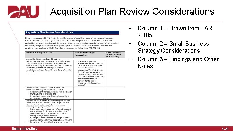 Acquisition Plan Review Considerations • • • Subcontracting Column 1 – Drawn from FAR