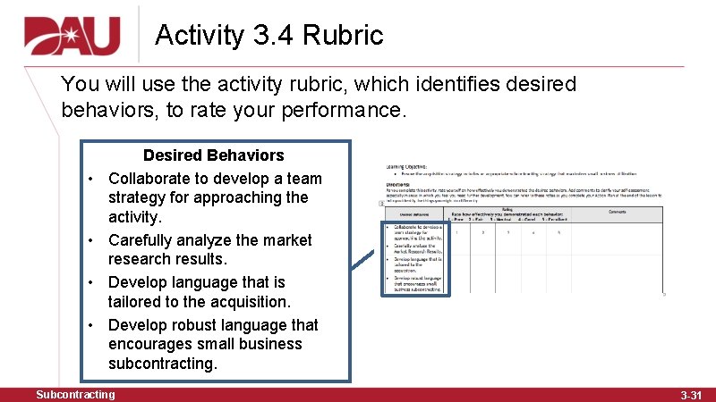 Activity 3. 4 Rubric You will use the activity rubric, which identifies desired behaviors,