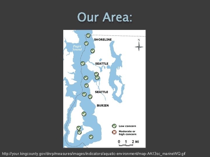 Our Area: http: //your. kingcounty. gov/dnrp/measures/images/indicators/aquatic-environment/map-AA 13 sc_marine. WQ. gif 