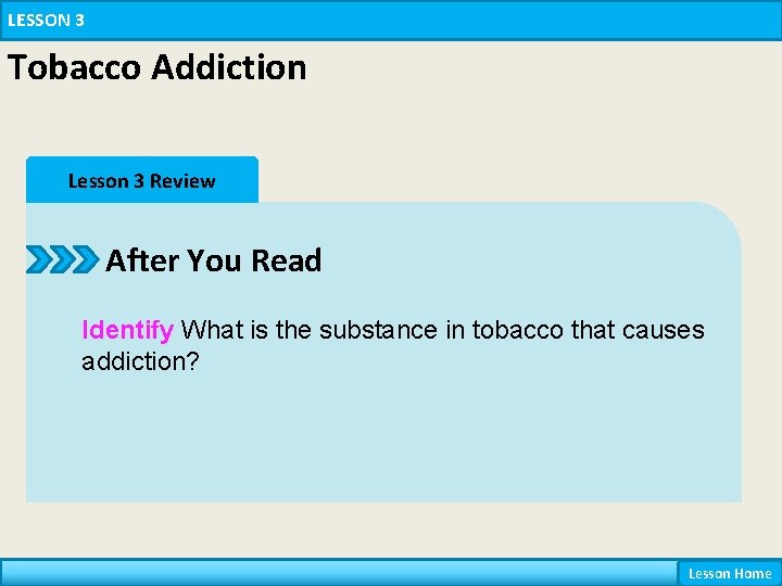 LESSON 3 Tobacco Addiction Lesson 3 Review After You Read Identify What is the
