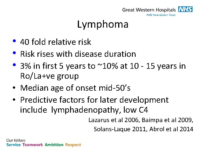 Lymphoma • 40 fold relative risk • Risk rises with disease duration • 3%