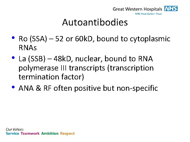 Autoantibodies • Ro (SSA) – 52 or 60 k. D, bound to cytoplasmic •