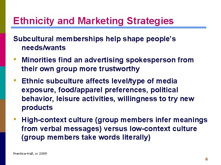Ethnicity and Marketing Strategies Subcultural memberships help shape people’s needs/wants • Minorities find an