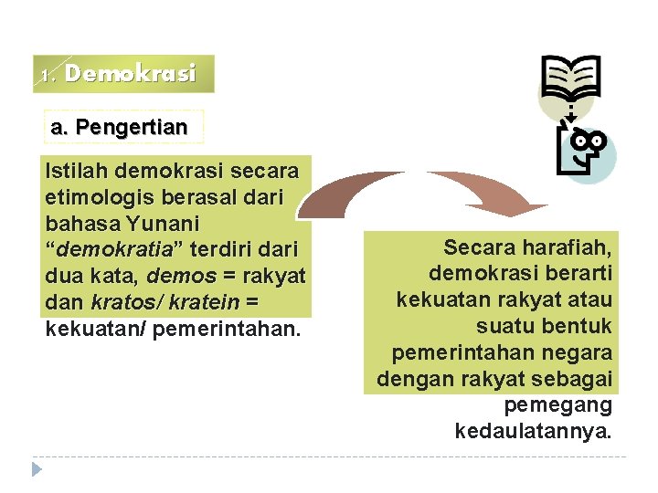 1. Demokrasi a. Pengertian Istilah demokrasi secara etimologis berasal dari bahasa Yunani “demokratia” terdiri