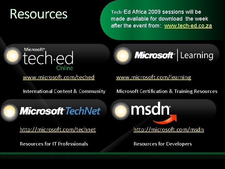 Resources Tech·Ed Africa 2009 sessions will be made available for download the week after Resources Tech·Ed Africa 2009 sessions will be made available for download the week after