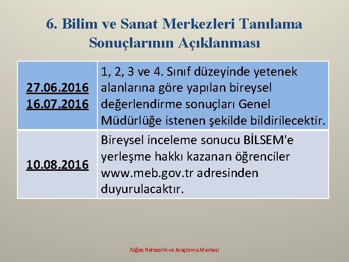 6. Bilim ve Sanat Merkezleri Tanılama Sonuçlarının Açıklanması 1, 2, 3 ve 4. Sınıf