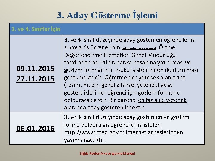 3. Aday Gösterme İşlemi 3. ve 4. Sınıflar İçin 09. 11. 2015 27. 11.