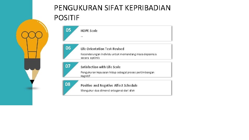 PENGUKURAN SIFAT KEPRIBADIAN POSITIF 05 HOPE Scale … 06 Life Orientation Test-Revised Kecenderungan individu