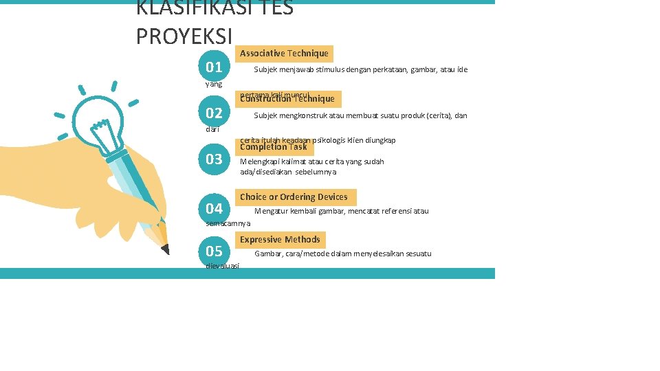 KLASIFIKASI TES PROYEKSI 01 Associative Technique Subjek menjawab stimulus dengan perkataan, gambar, atau ide