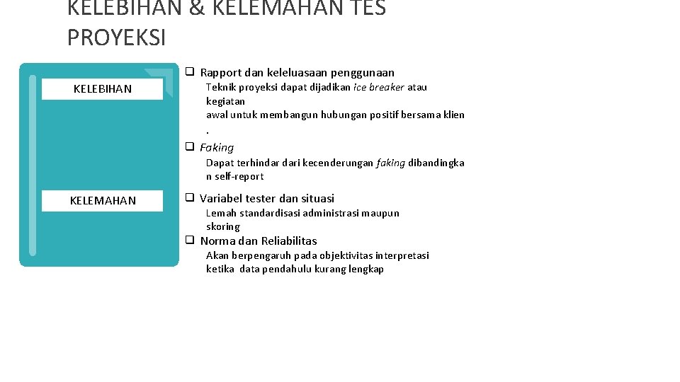 KELEBIHAN & KELEMAHAN TES PROYEKSI ❑ Rapport dan keleluasaan penggunaan KELEBIHAN Teknik proyeksi dapat