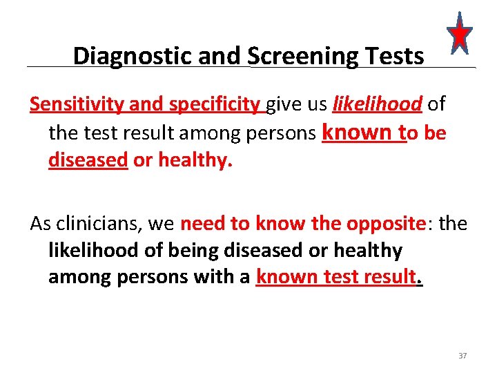 Diagnostic and Screening Tests Sensitivity and specificity give us likelihood of the test result