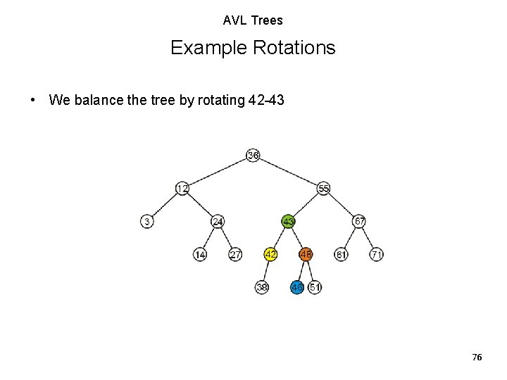 AVL Trees Example Rotations • We balance the tree by rotating 42 -43 76