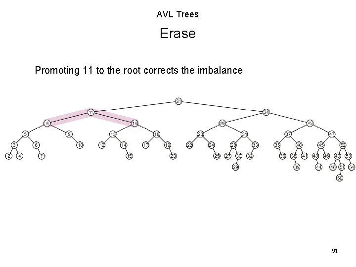 AVL Trees Erase Promoting 11 to the root corrects the imbalance 91 