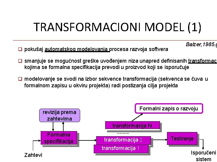 TRANSFORMACIONI MODEL (1) Balzer, 1985. g pokušaj automatskog modelovanja procesa razvoja softvera smanjuje se
