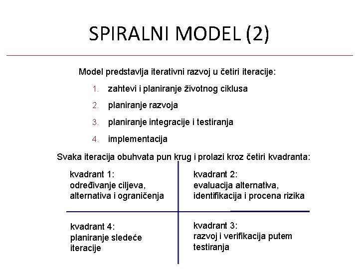 SPIRALNI MODEL (2) Model predstavlja iterativni razvoj u četiri iteracije: 1. zahtevi i planiranje