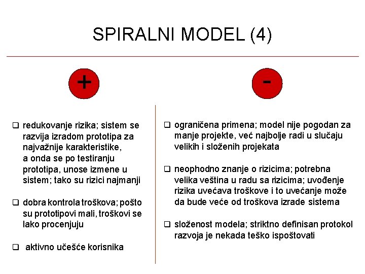 SPIRALNI MODEL (4) + redukovanje rizika; sistem se razvija izradom prototipa za najvažnije karakteristike,